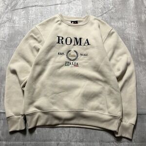 Roma Italia Crewneck Sweatshirt Men's L Beige Italy ITALIA Embroidered